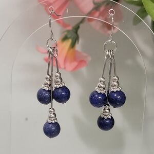 LAPIS LAZULI DANGLE DROP FASHION EARRINGS.
